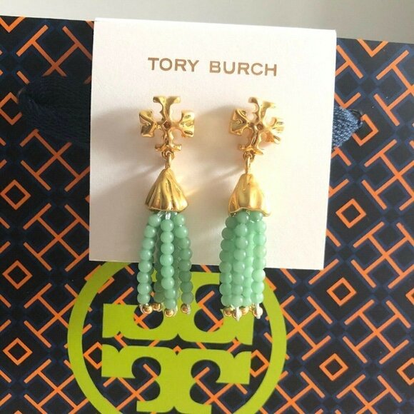 AUTH Tory Burch ROXANNE SMALL TASSEL EARRING SWIRLED MINT - Picture 3 of 11